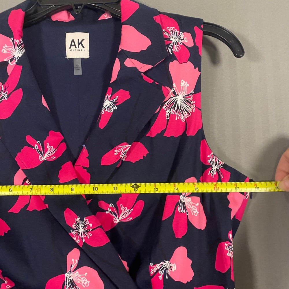 Anne Klein Navy Pink Floral Sleeveless Wrap Dress Size 10 Belted Fit Flare - Picture 8 of 9